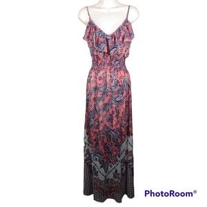 Big Strike USA blue Orange Paisley Maxi Ruffles Dress Spaghetti Straps XS NWT